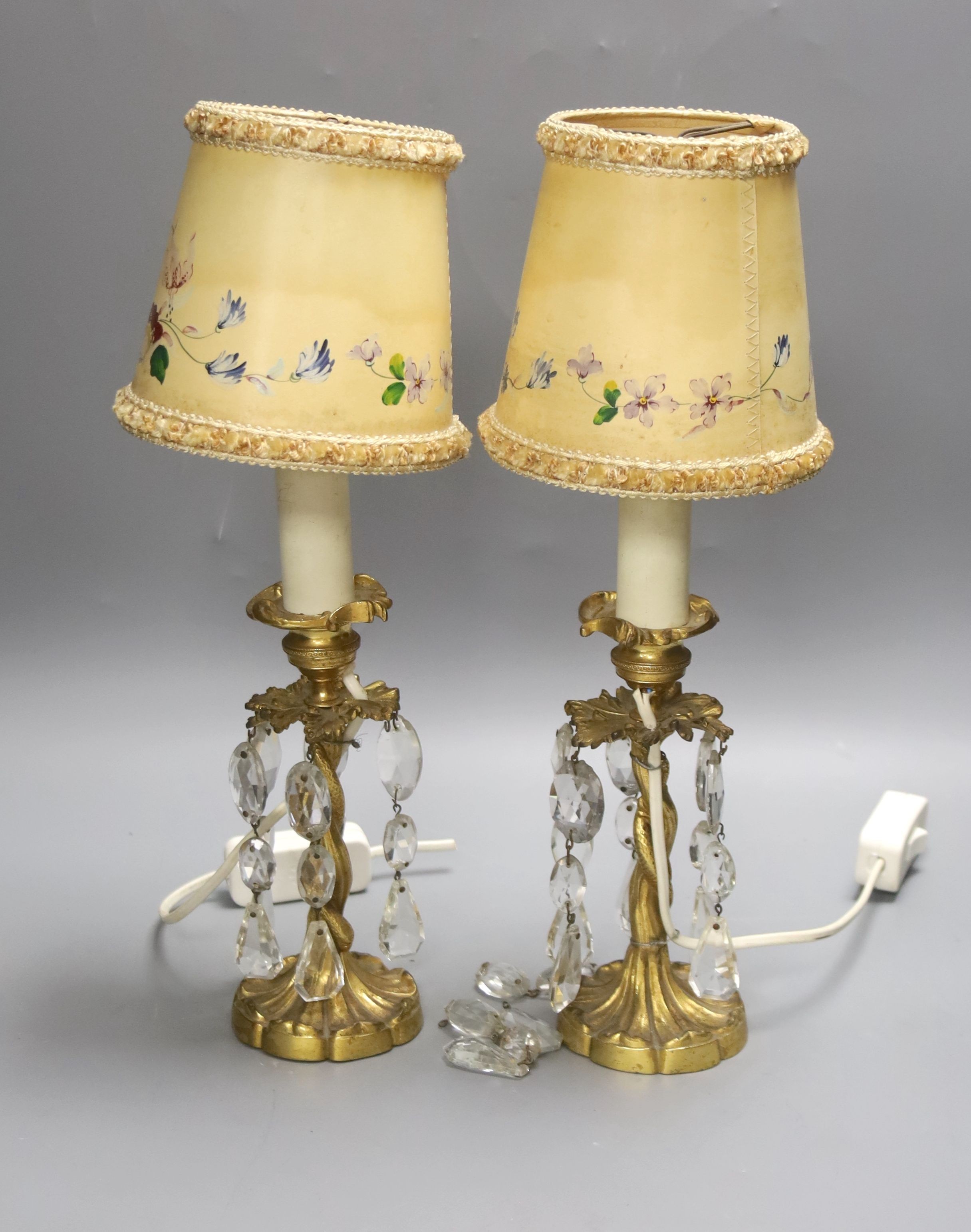 A pair of ormolu table lamps with cut crystal decoration 19cm excluding fittings